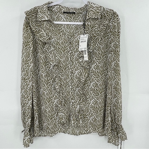 T Tahari Blouse Tops Womens Large Multicolor Tropical Print Long Sleeve Collared - Picture 1 of 14